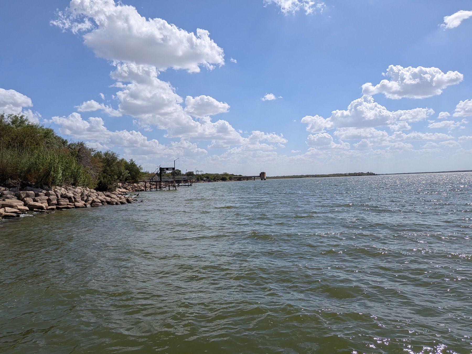 Open water and the rocky shoreline of Fort Phantom Lake